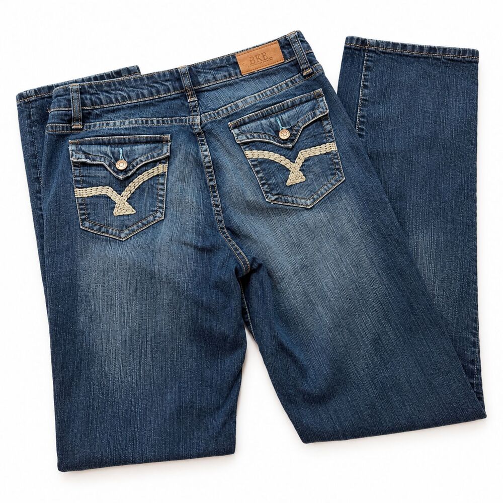 Vintage Straight Dark Wash Denim Jeans Embroidered Back Pockets Womens